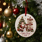 Santa Clause Snow Woman Family 3D Effect Round Ceramic Ornament