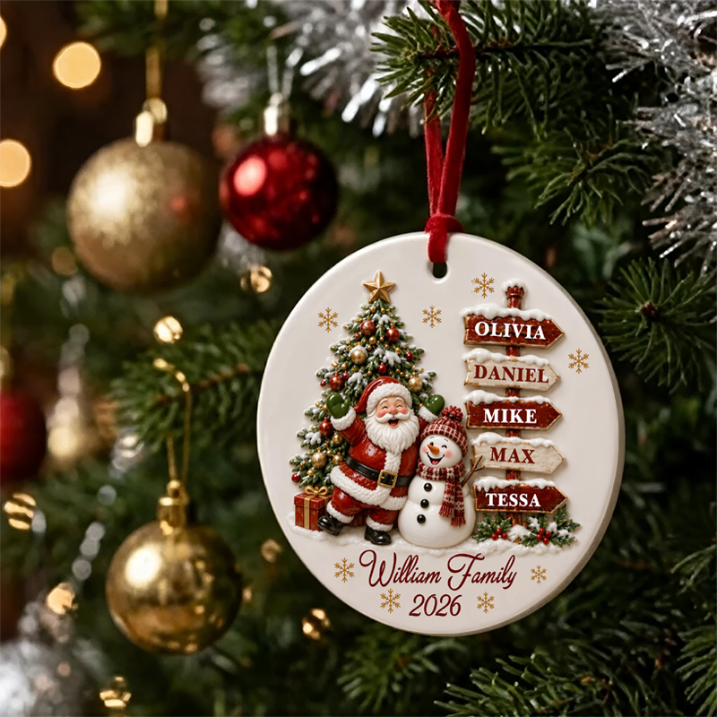 Santa Clause Snow Woman Family 3D Effect Round Ceramic Ornament
