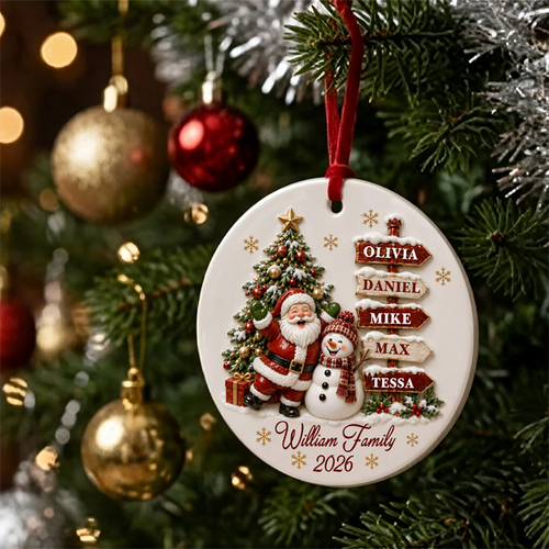 Santa Clause Snow Woman Family 3D Effect Round Ceramic Ornament