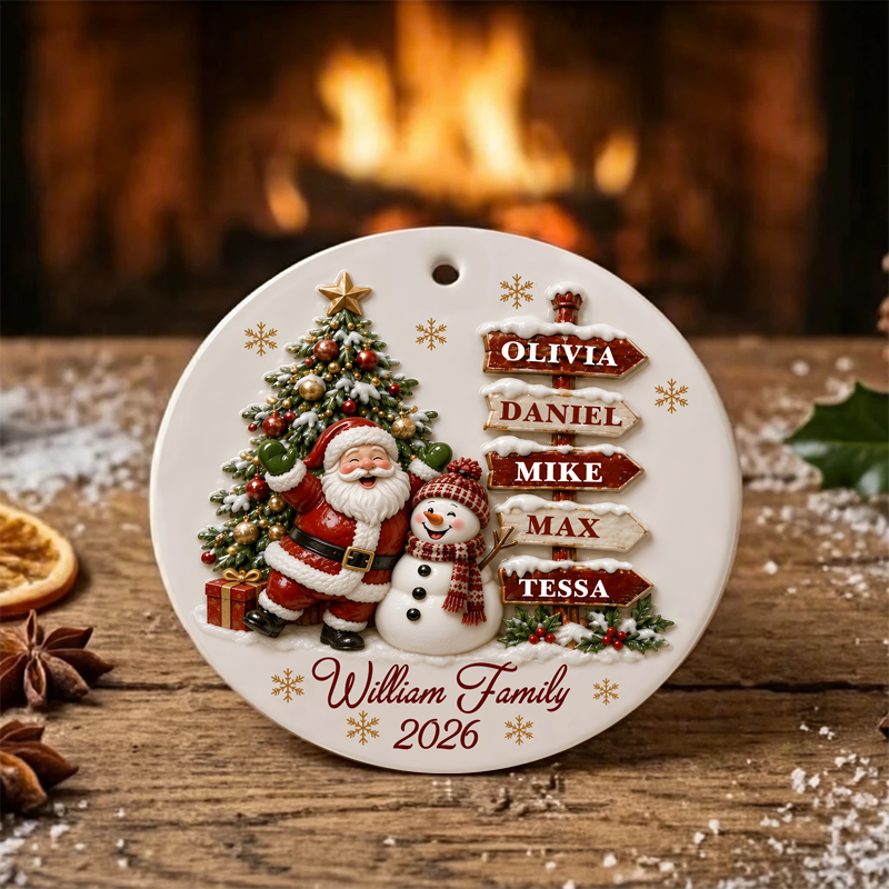 Santa Clause Snow Woman Family 3D Effect Round Ceramic Ornament