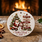 Santa Clause Snow Woman Family 3D Effect Round Ceramic Ornament