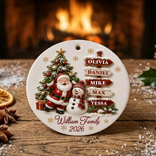 Santa Clause And Snow Woman 3D Relief Round Ceramic Ornament