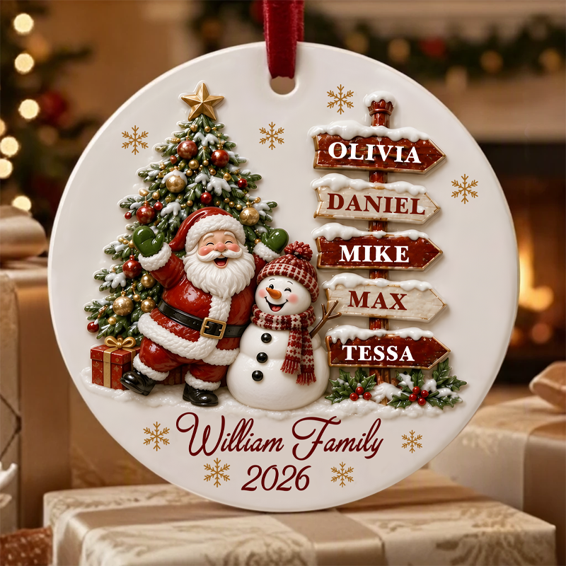 Santa Clause Snow Woman Family 3D Effect Round Ceramic Ornament