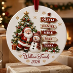 Santa Clause Snow Woman Family 3D Effect Round Ceramic Ornament