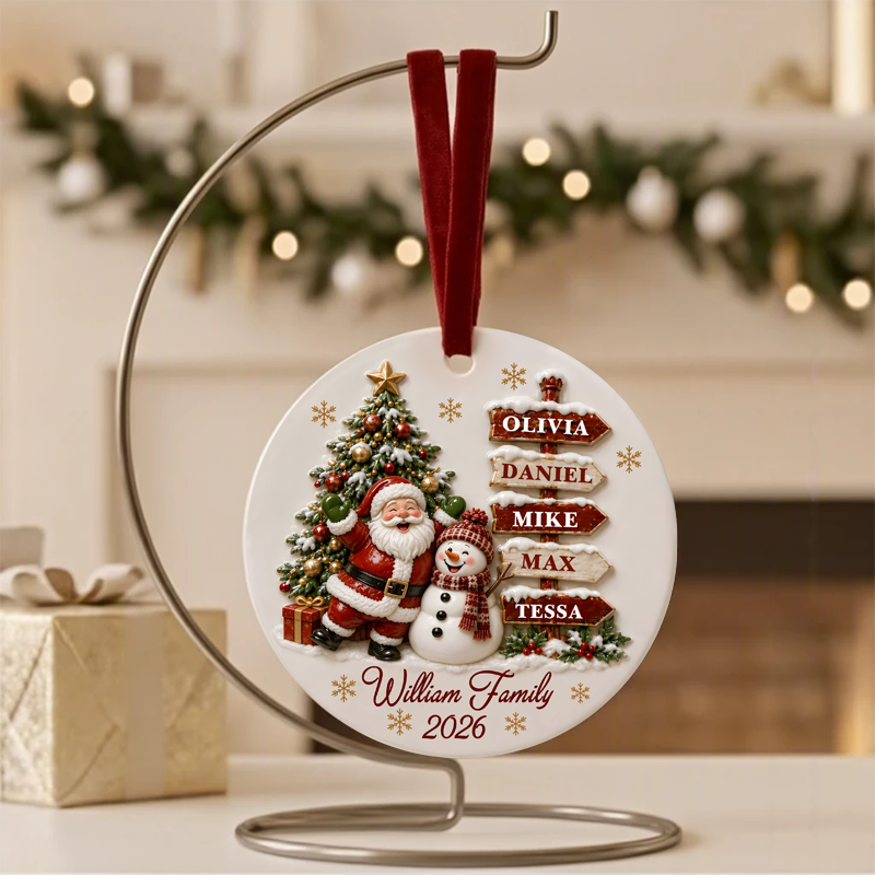Santa Clause Snow Woman Family 3D Effect Round Ceramic Ornament