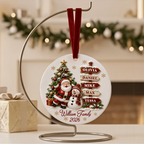 Santa Clause Snow Woman Family 3D Effect Round Ceramic Ornament
